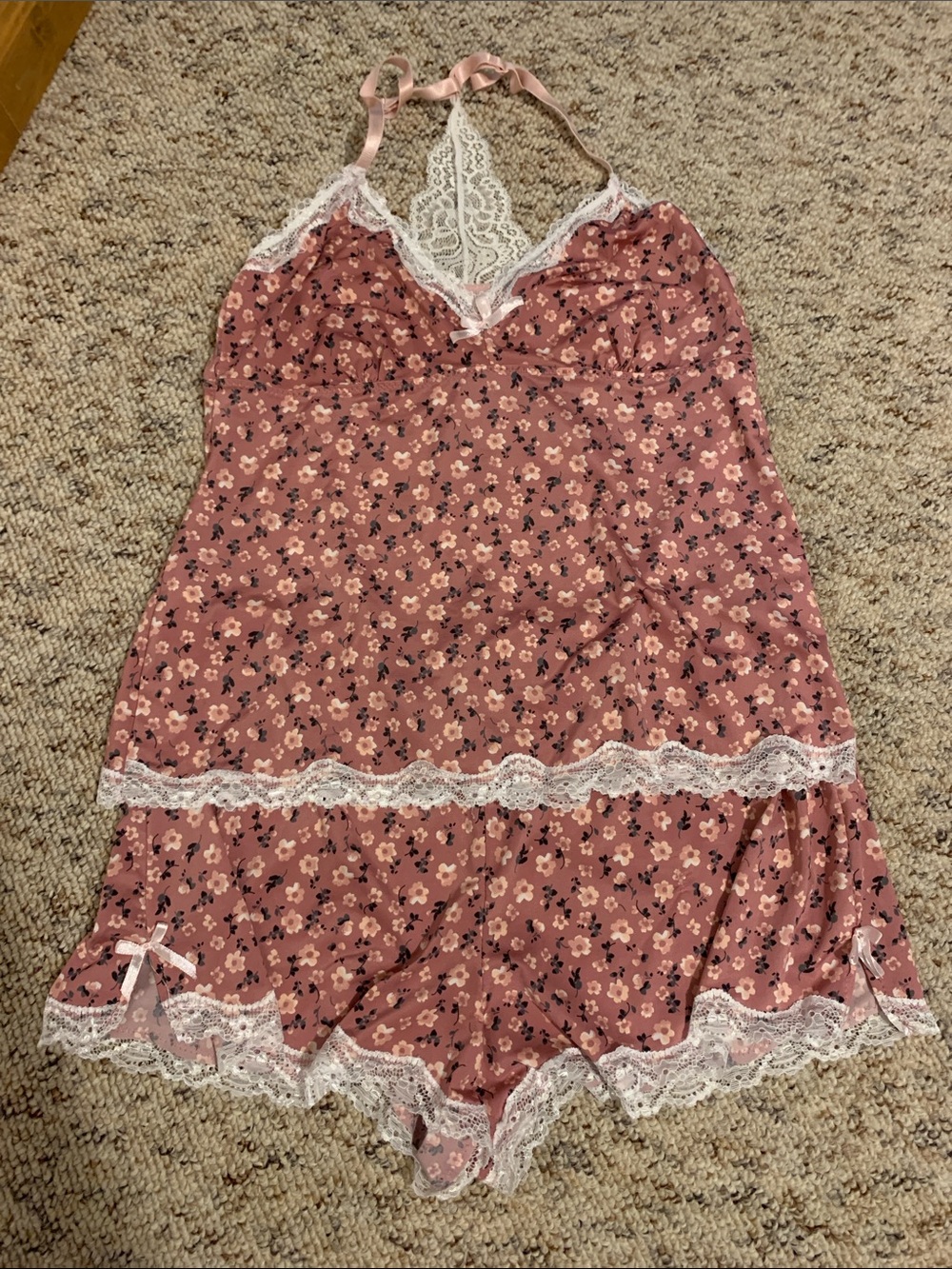 Lace-Trim Floral Pink Sleep Set with Bow Details